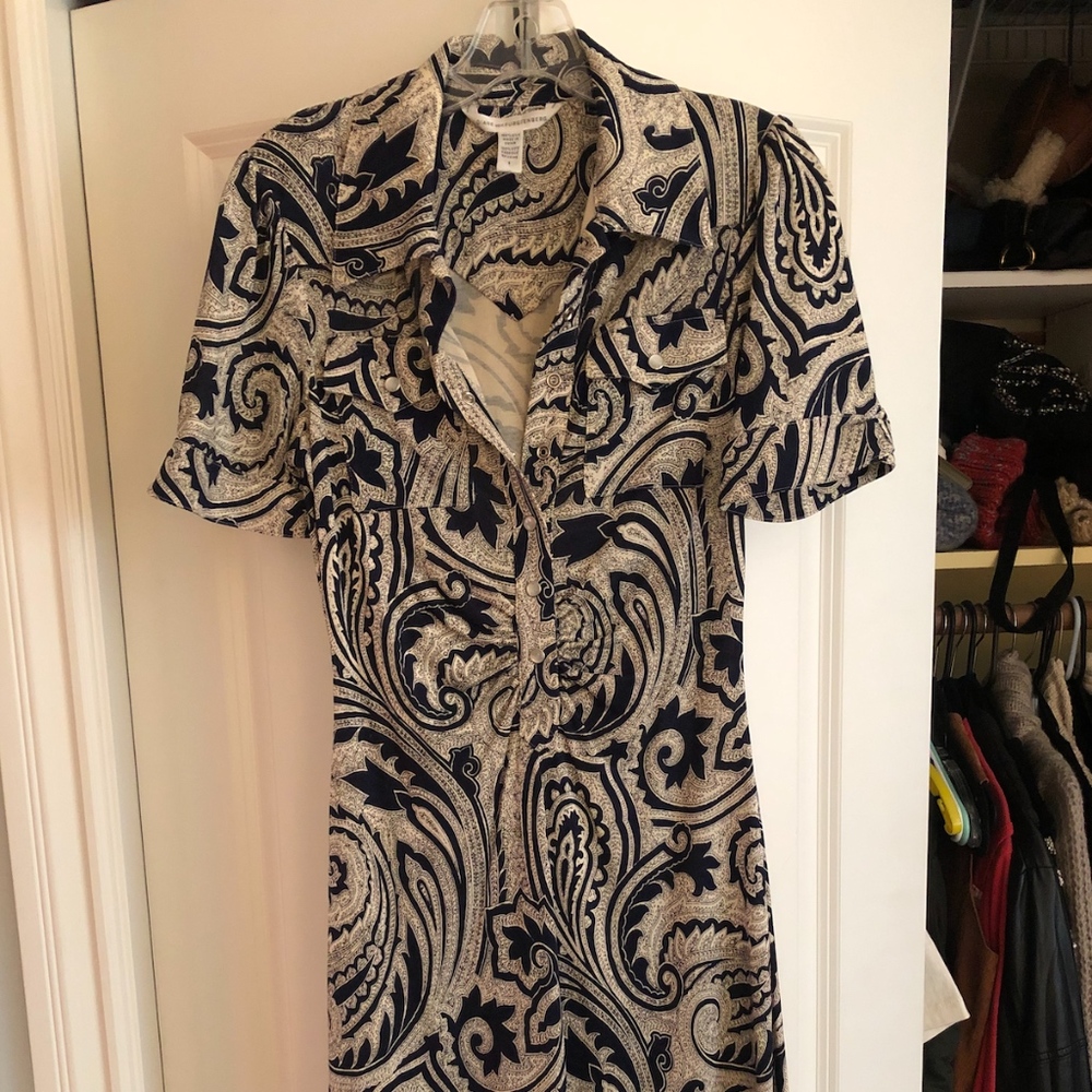 Navy and White Silk Collared Dress